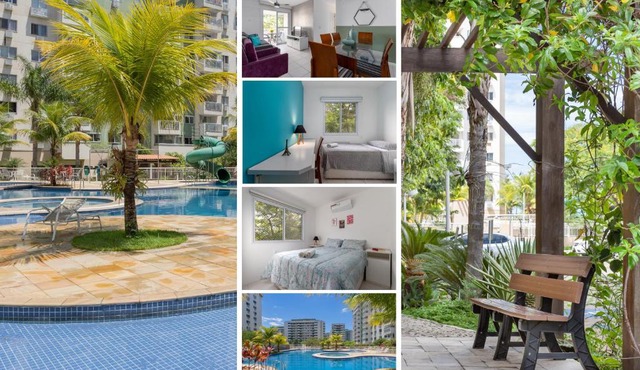 3 QUARTOS a 300 RioCentro - Condominio com PISCINA, ESTACIONAMENTO e Portaria 24h - Wi-Fi ilimitado e Cozinha Completa - Apartamento indicado para Grupos, Hóspedes a Trabalho e Crianças