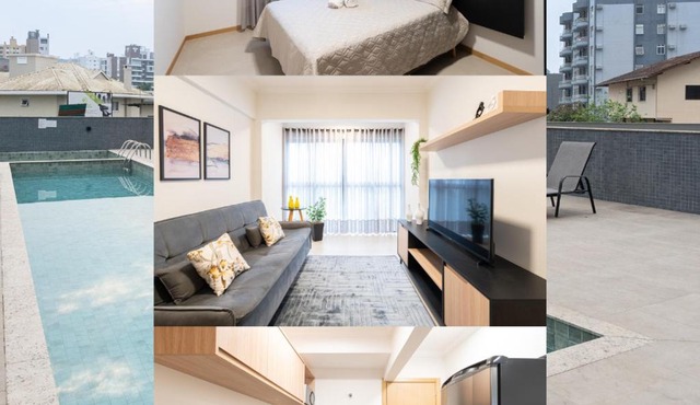 Localização Central! A 450 metros da Vila Germânica Loft com Piscina, Ar-Condicionado, Wi-Fi, Cozinha completa, Garagem Privativa, Espaço Zen, Academia, Sauna, e Mercadinho 24h
