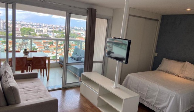 Loft com vista para aeroporto, tela de proteção 1 vaga e lazer completo